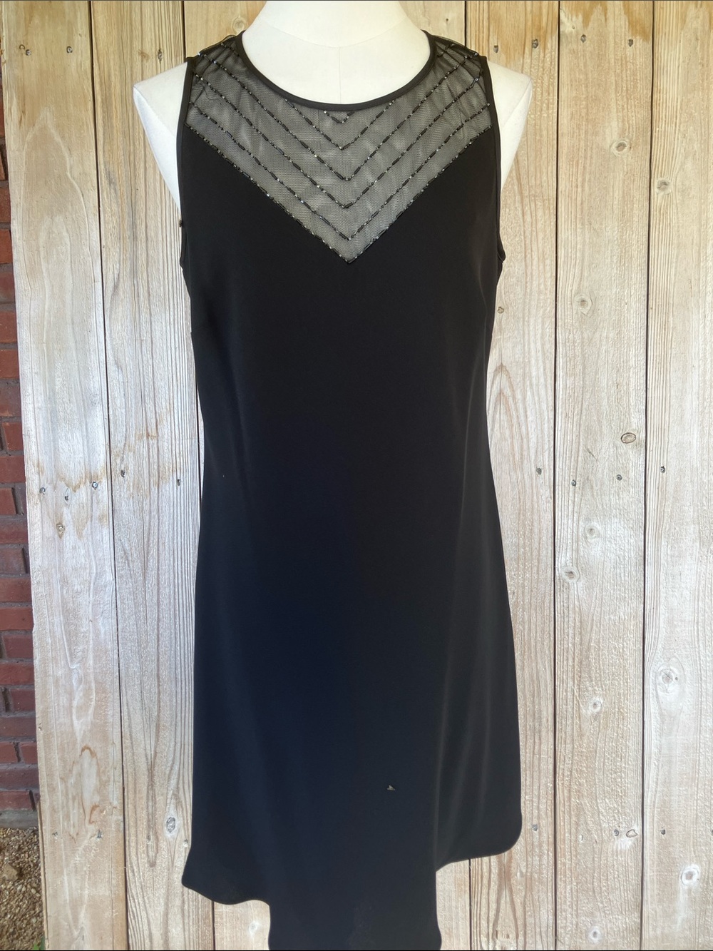 Evan Picone Black Sleeveless Dress with Sheer Beaded Yoke
